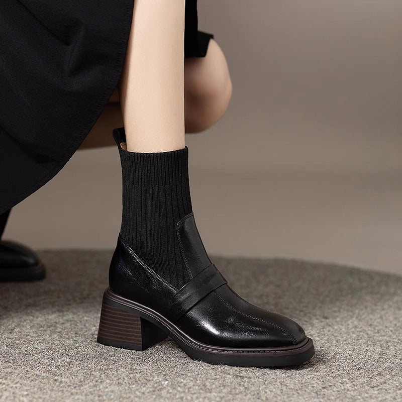 Women's Knitted Chunky High Thin Brown Martin Elastic Women's Leather Boots