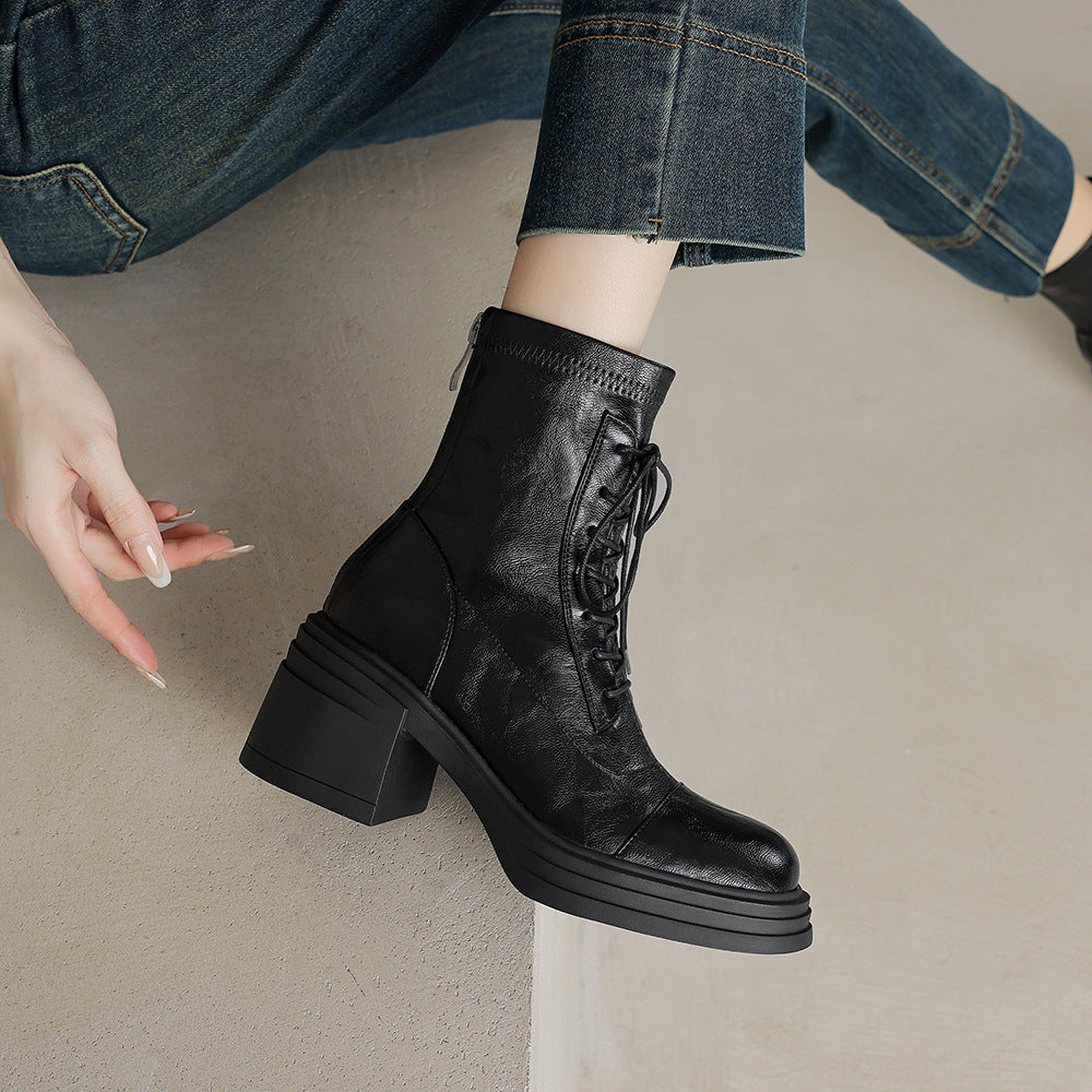Women's Wear Town Store Treasure High Stretch British Martin Lace Up Women's Leather Boots