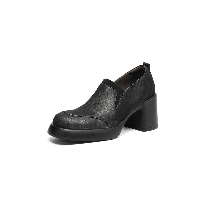 Women's Deep Mouth Pumps Thick Bottom Round Toe High Genuine Women's Fashion Shoes