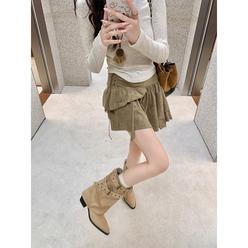 Women's Chunky Desert Denim Pile Style Short For Women's Leather Boots