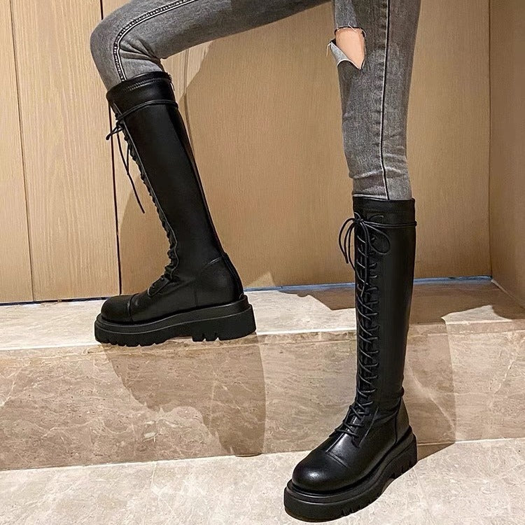 Women's Thick Bottom Tall Knight Small Below Women's Leather Boots