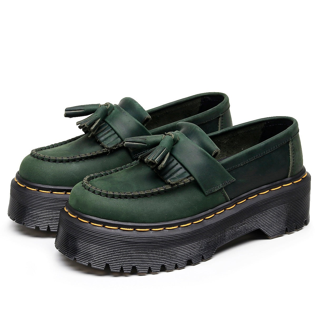 Women's Horse Green Tassel Top Layer British Style Loafers