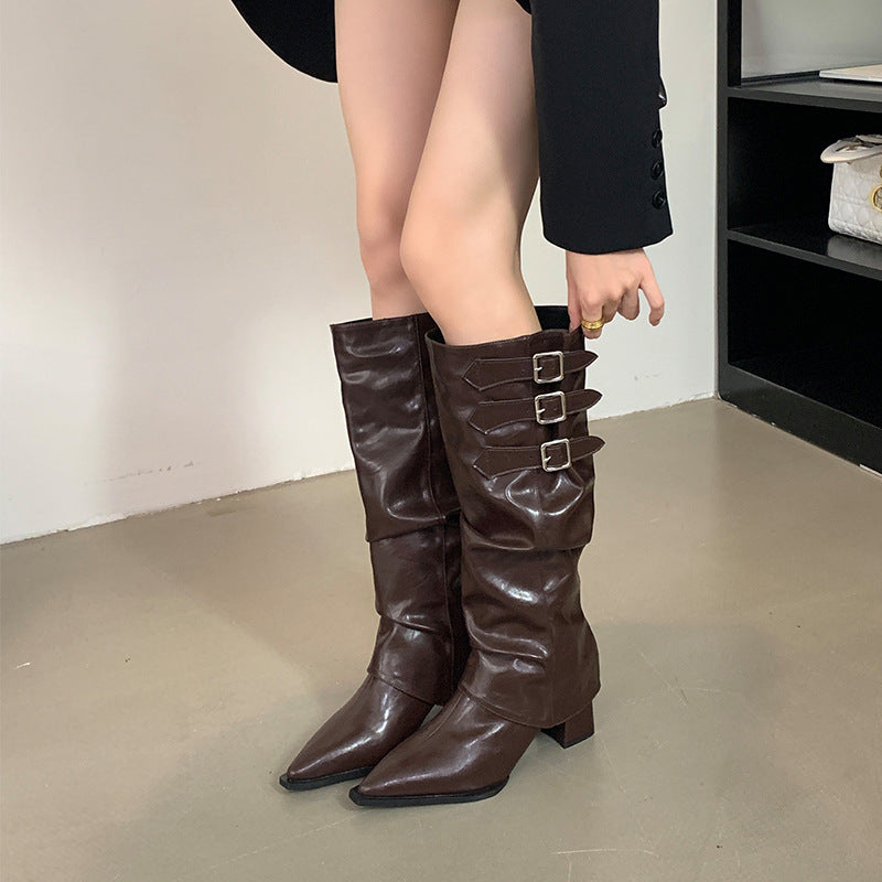 Women's Two-way Retro Hot Style High Long Thick Pleated Women's Leather Boots