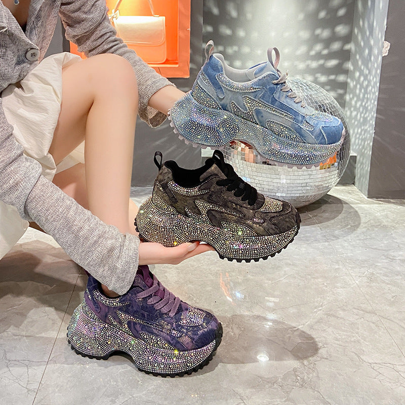 Women's Large Size Starry Rhinestone Dad Platform Height Women's Sports Shoes