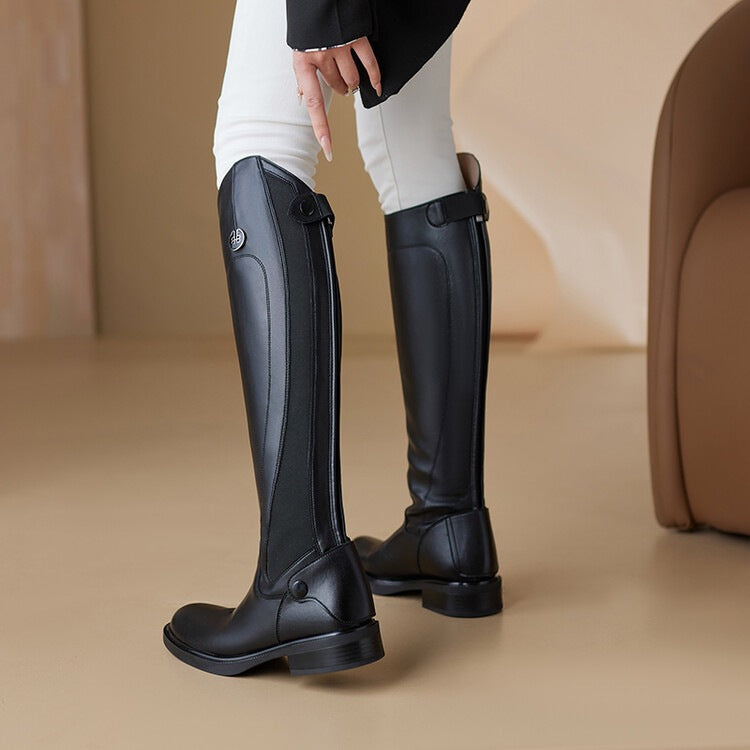 Women's Low Tall Knight Flat Black Women's Leather Boots