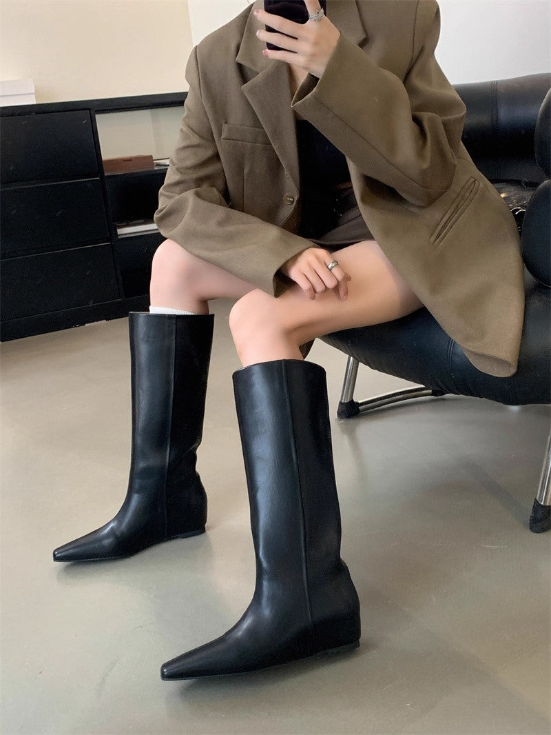 Women's Height Increasing Insole Pointed Brown Riding Long Women's Leather Boots