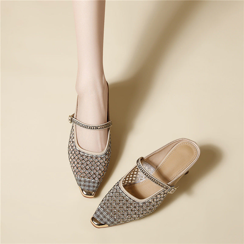 Jane Elegant High-grade Muller Rhinestone Mesh Slippers