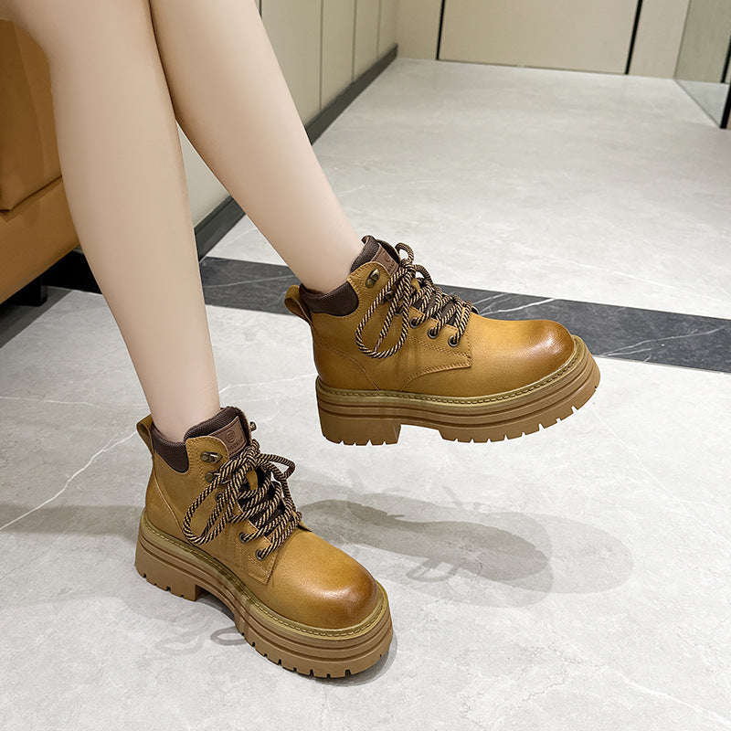 Women's Hiking Climbing Worker Small Thick Bottom Height Women's Leather Boots