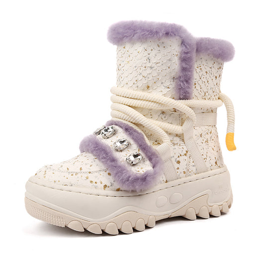 Women's Winter Short Fur Integrated Fleece-lined Thickening Thermal Snow Boots