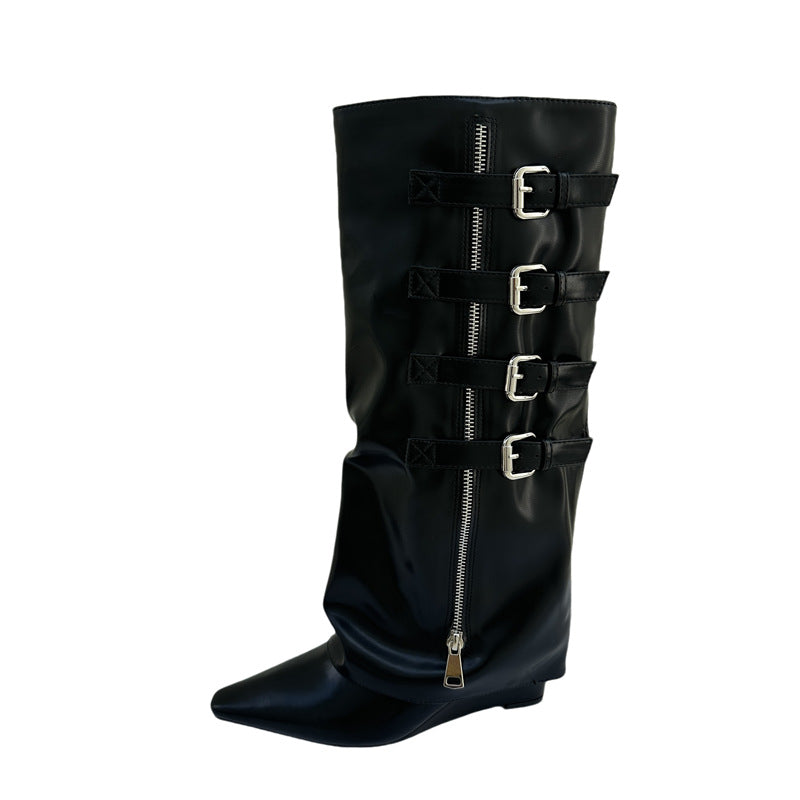 Women's Hot Fashion Zipper Belt Buckle High Thick Skinny Long Pants Boots