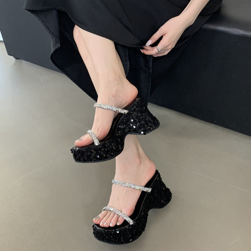 Women's Tax Platform Wedge Summer Wear Fashionable Sequins Transparent Word Toe Thick-soles Slippers