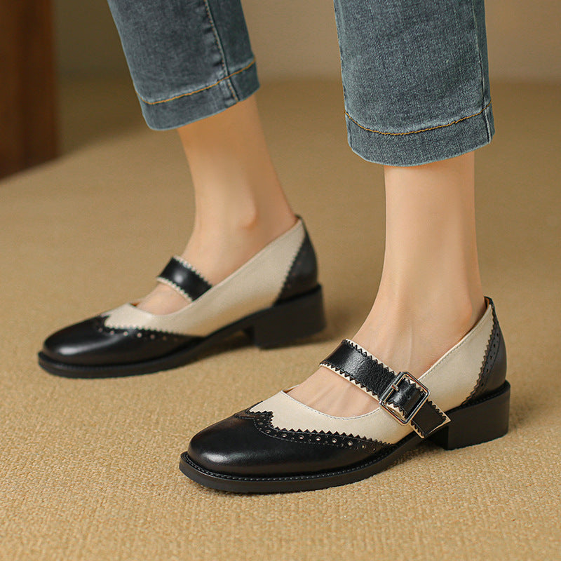 Women's Autumn Square Toe Mary Jane Burnt Leather Shoes