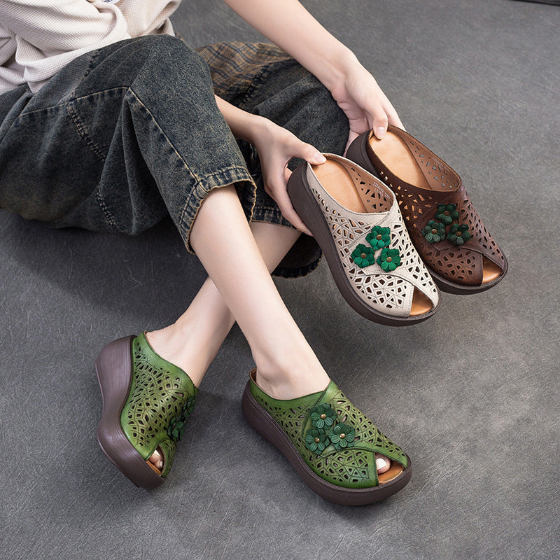 National Style Wedge Peep Toe Hollow Breathable Fashionable Slippers