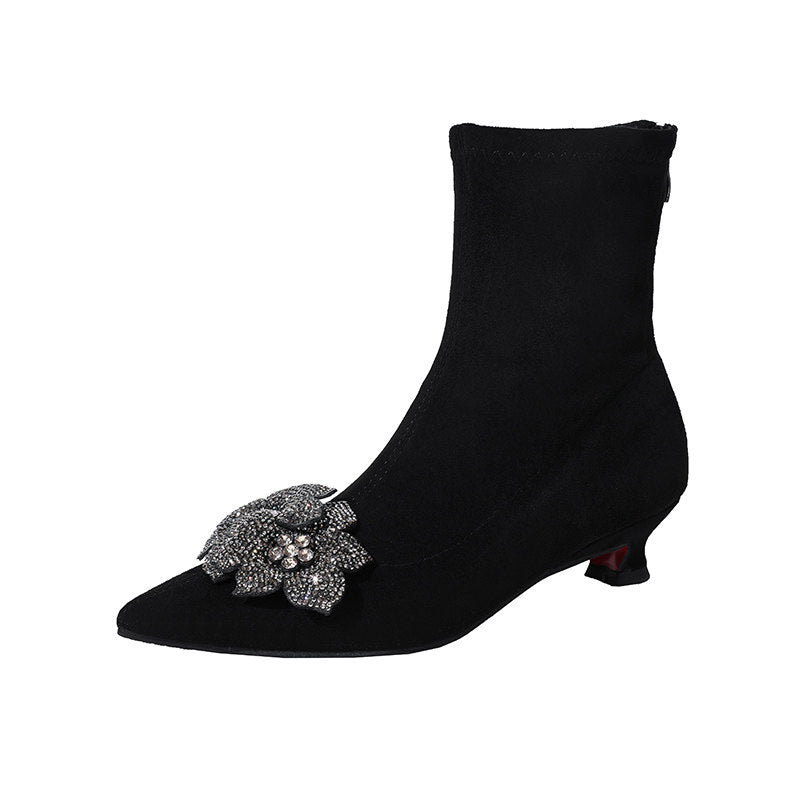 Women's Flower Short Pointed Plus Size Stretch Back Zipper Autumn Small Boots