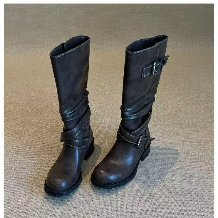 Women's Buckle Chunky Knight Fashionable Round Toe Pile Style Heels