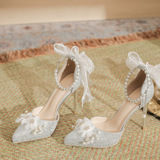 Women's Pointed Stiletto Classy High Pearl Buckle Wedding Dress Women's Fashion Shoes