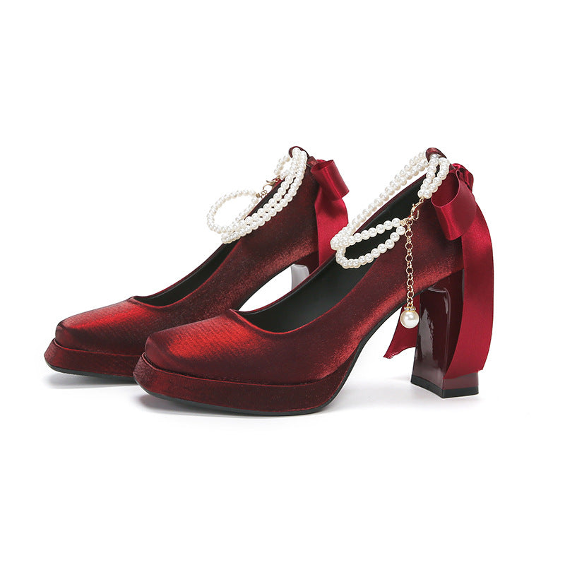 Women's Square Toe Chunky High Bow Waterproof Women's Fashion Shoes