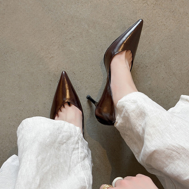 Women's Main First Layer Cowhide High Shallow Heels
