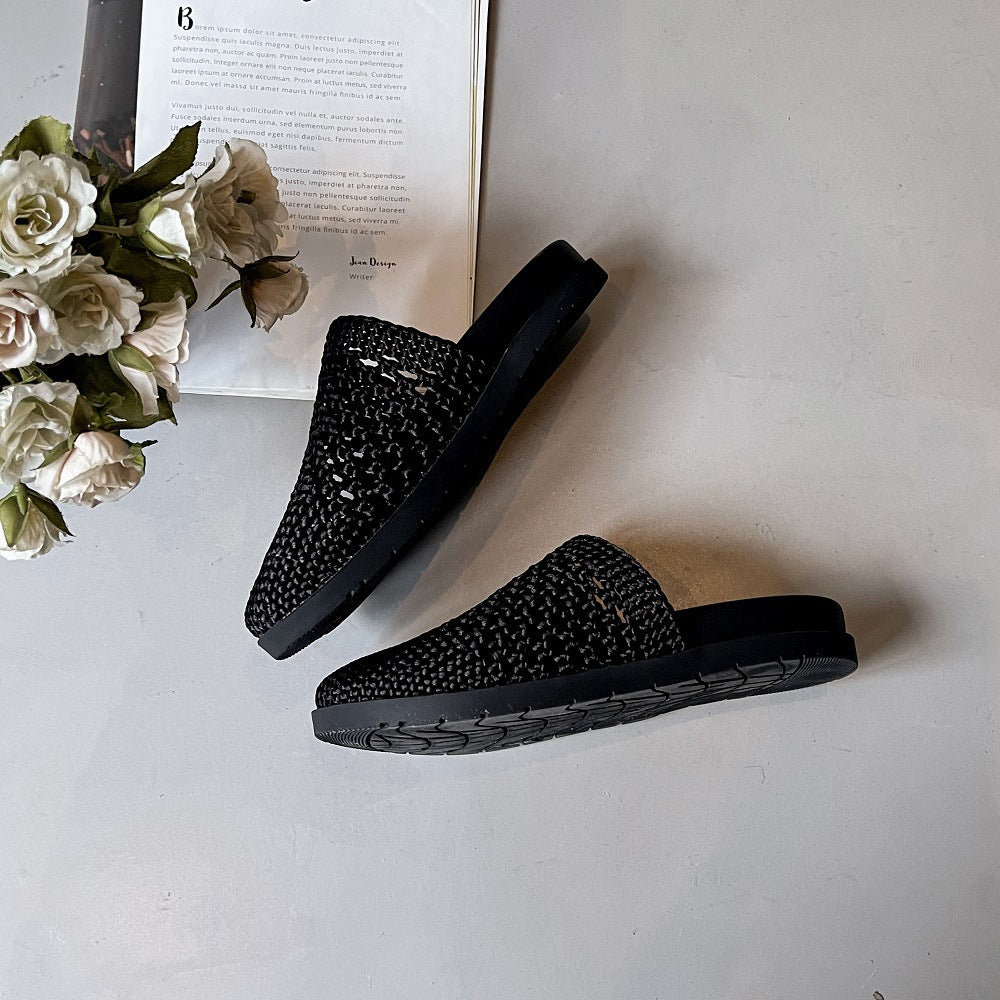 Bottom Hand-woven Half Miss Closed Toe Breathable Hollow Mesh Slippers