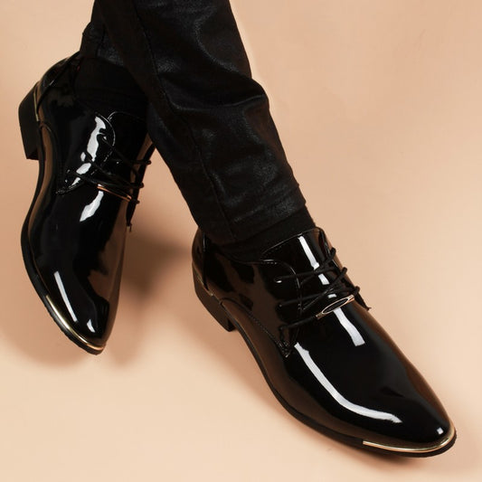 Men's Green Korean Style Bright Surface Pointed Height Leather Shoes
