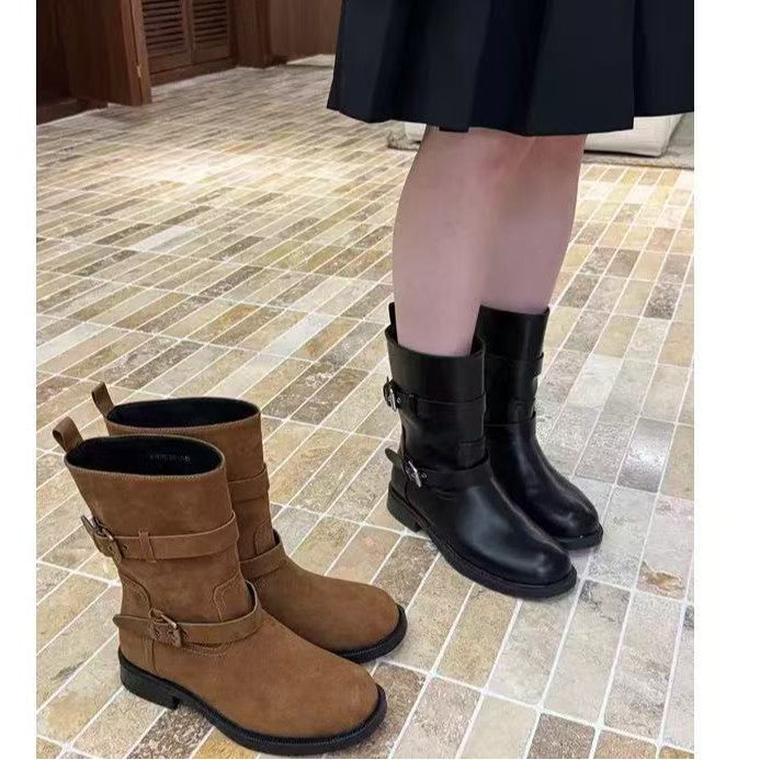Women's Autumn Round Toe Square Belt Buckle Sleeve Simple Knight Women's Leather Boots