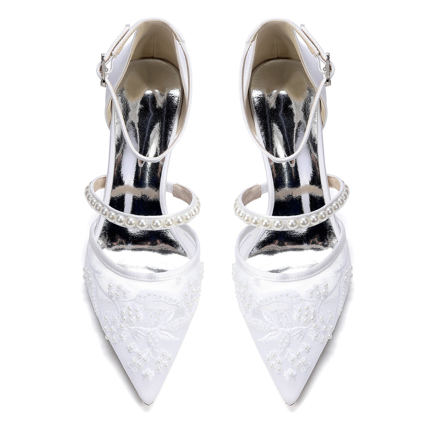 Women's Pointed Pearl Strap Embroidered Wedding Bridal Heels