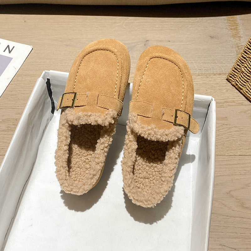 Women's Winter Fleece-lined Outer Wear Fluffy Slip-on Big Head Soft Women's Cotton Shoes