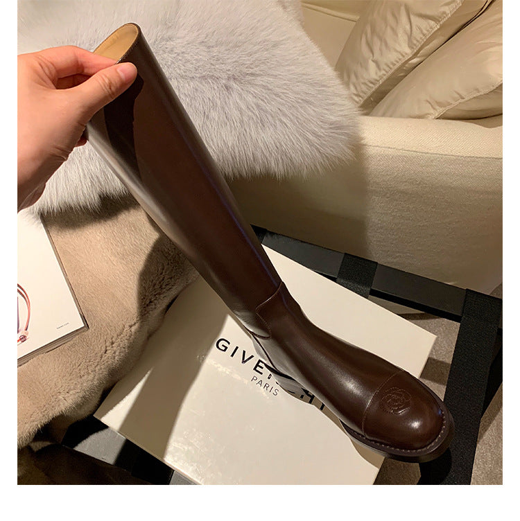 Women's Cowhide Version Winter Below The Knee Thin Thick Bottom Boots