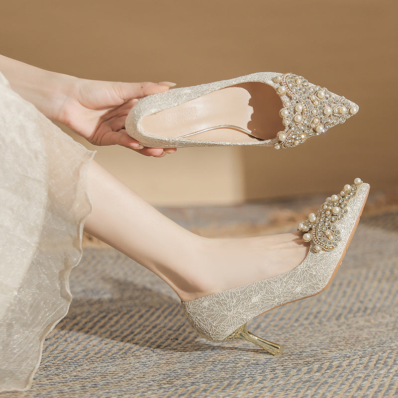 Women's French Wedding Pearl Rhinestone Dress Bridal Women's Fashion Shoes