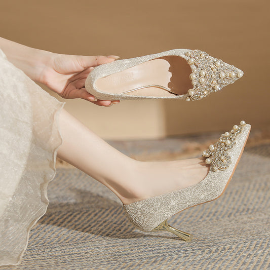 Women's French Wedding Pearl Rhinestone Dress Bridal Women's Fashion Shoes