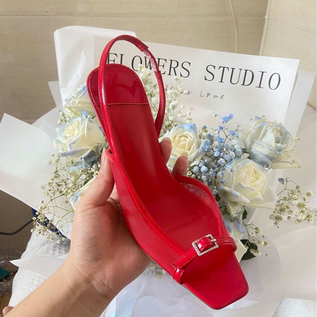 Women's Retro Square Toe Buckle Open Red Mesh One Strap French High Heeled Sandals