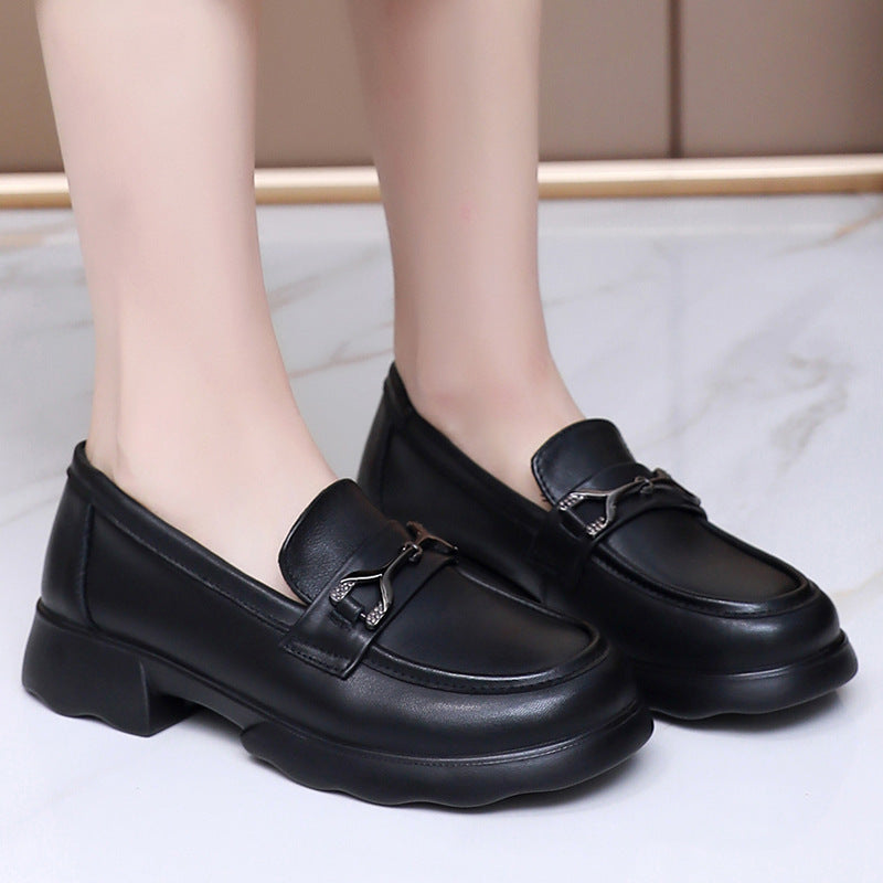 Women's Top Layer Cowhide Korean Style Soft Back Thick Versatile Loafers