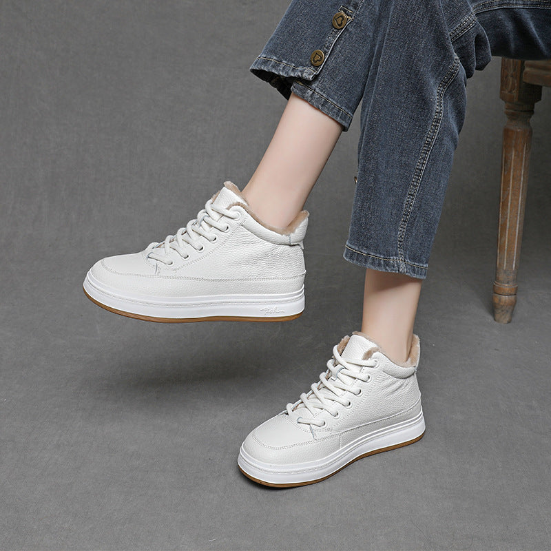 Women's Cowhide Veet High White Warm Flat Bottom Simple Women's Cotton Shoes
