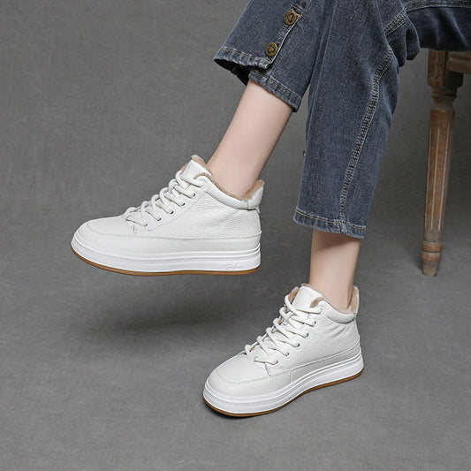 Women's Cowhide Veet High White Warm Flat Bottom Simple Women's Cotton Shoes