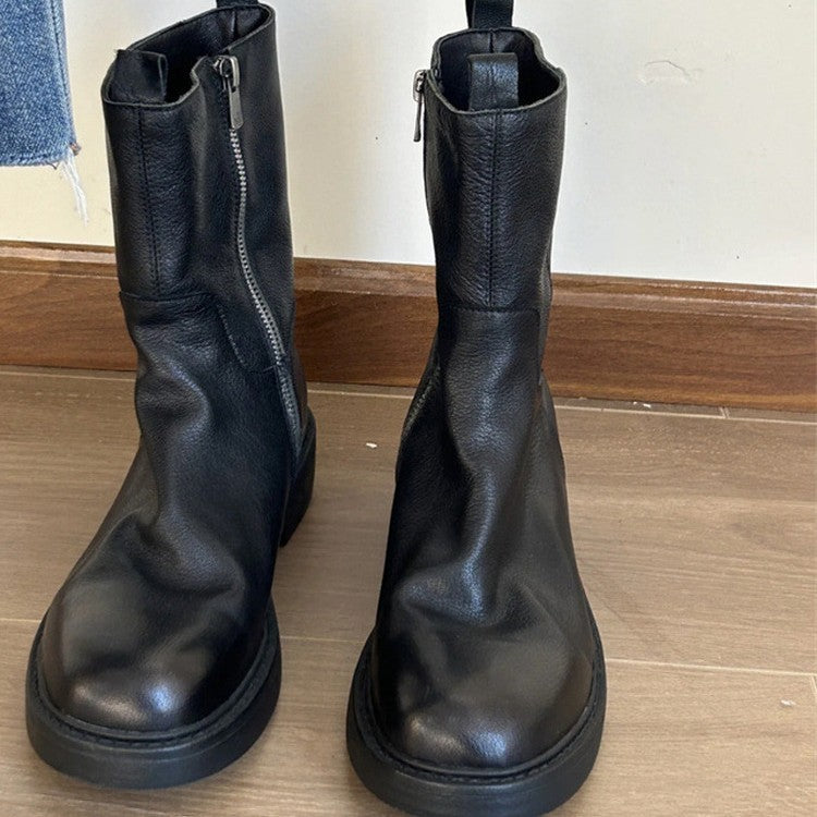 Soft Cowhide Martin Side Zipper Fashion British Round Women's Leather Boots