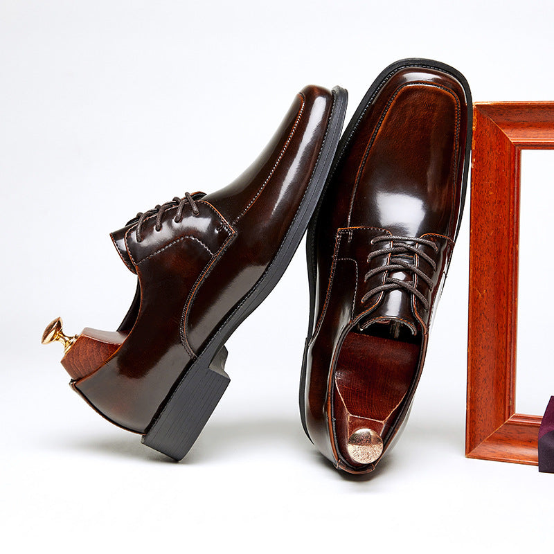 Men's Square Toe Glossy High-grade Paint Formal Wear British Derby Leather Shoes