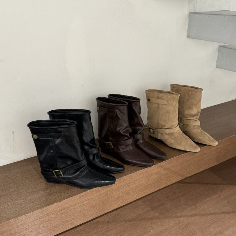 Women's Chunky Square Toe Pantyhose Ankle Belt Buckle Knight Vacation Women's Leather Boots