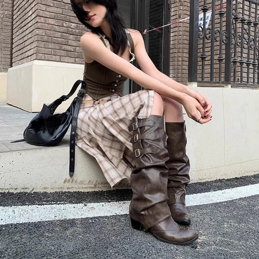 Belt Buckle Punk Pointed Toe Western Cowboy Retro Easy Women's Leather Boots
