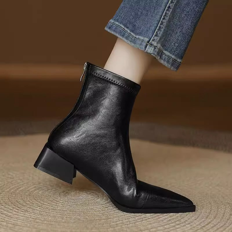 Women's Fleece Single Chunky High Square Toe Booties Martin Back Zip Heels