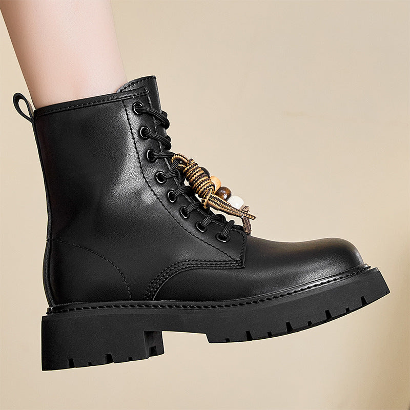 Women's Invisible Height Increasing Insole Martin British Style Retro Pendant Black Women's Leather Boots