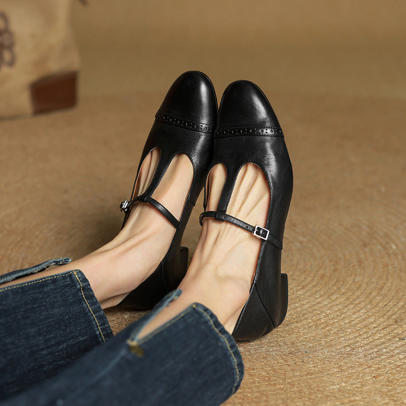 Women's First Layer Cowhide Retro Style Pumps Thick Women's Fashion Shoes