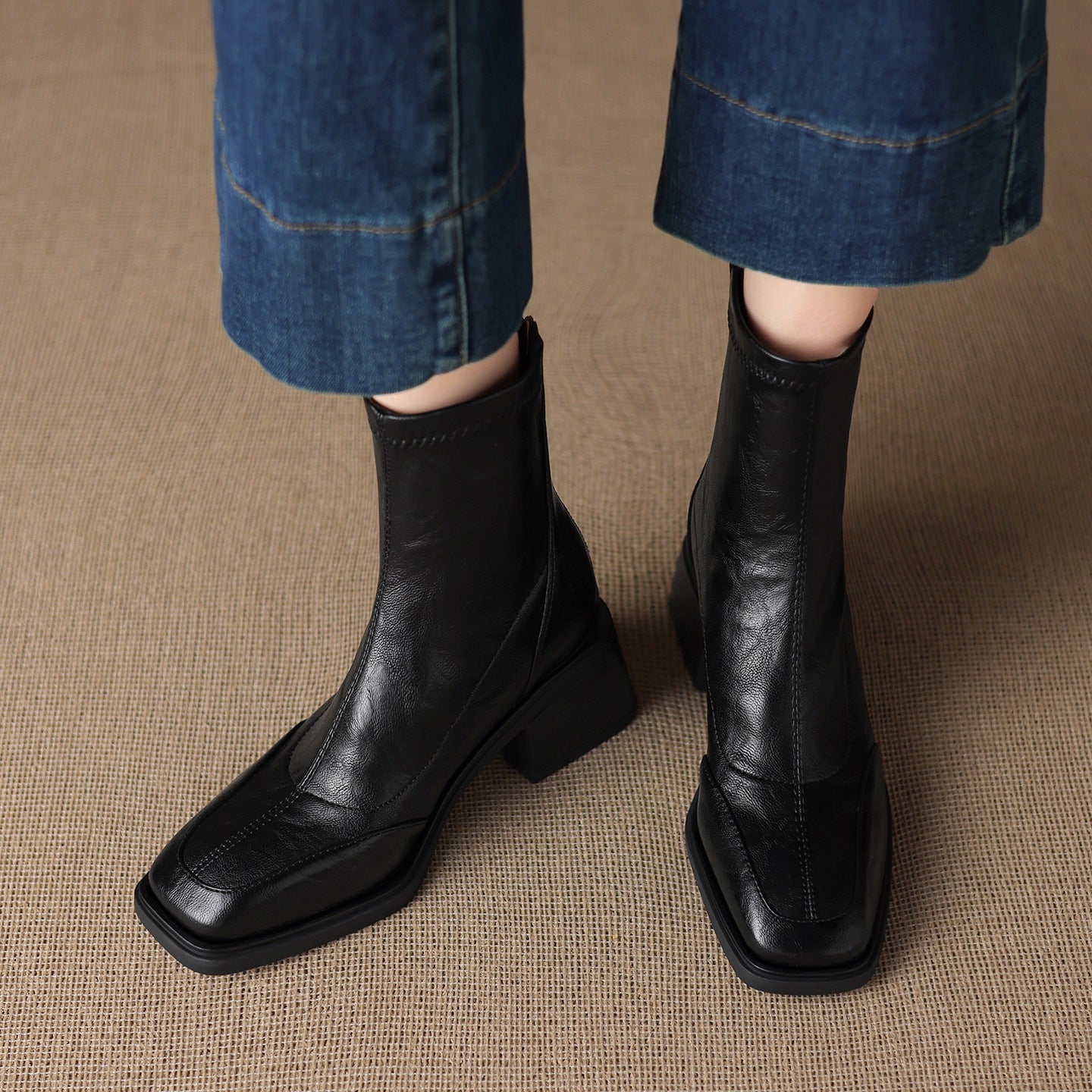 Women's Square Toe Fashion Chunky Short For Autumn Stretch Thin Mid Women's Leather Boots