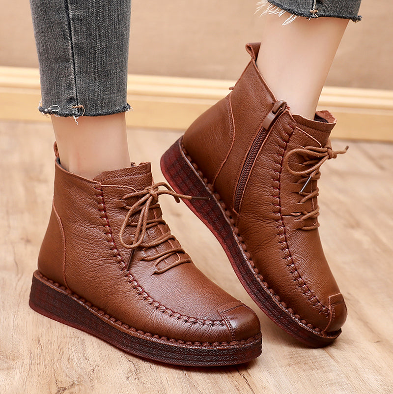 Women's Real With Fleece Lining Mother's Soft Bottom Tendon Flat Cotton Women's Leather Boots