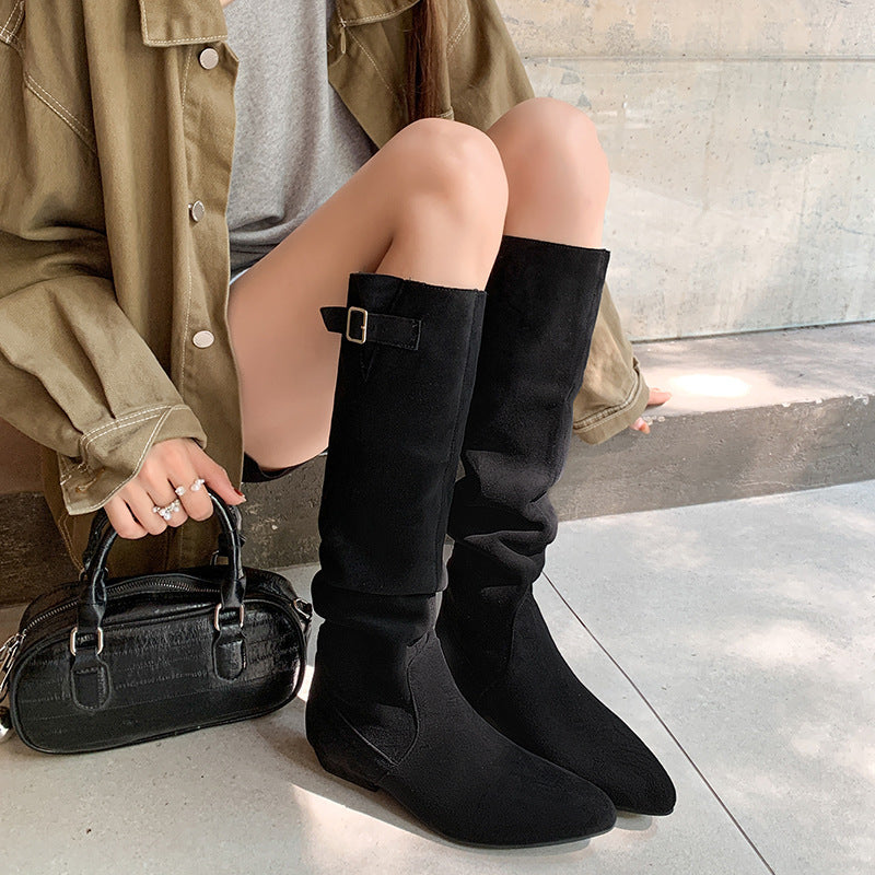 Women's Style Western Knight Pile Suede Pleated Women's Leather Boots