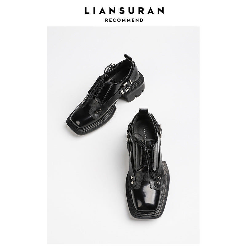 Square Toe Buckle Platform Derby Chunky Heightened Casual Shoes