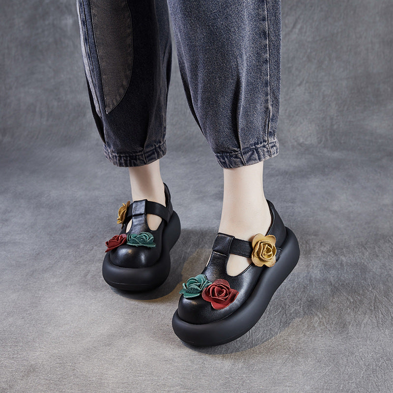 Women's Platform Flower Mary Jane First Layer Cowhide Men's Shoes