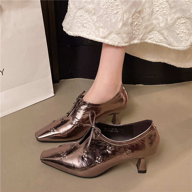Women's First Layer Cowhide Deep Mouth Pumps Autumn Retro Style Leather Shoes