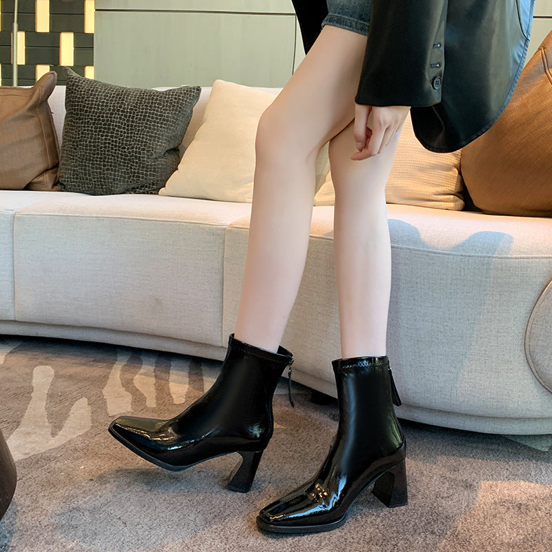 Women's Toe Chunky Large Tube Circumference Skinny Glossy Women's Leather Boots