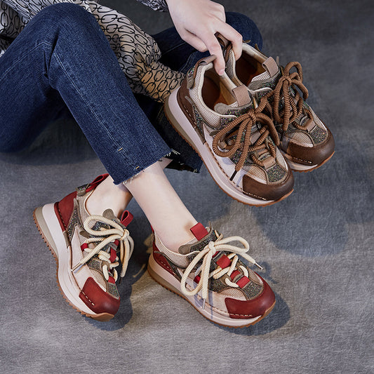 Women's Beautiful Natural Color Genuine Retro Dad Platform Hot Drilling Sneakers
