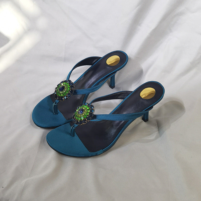 Women's Rhinestone Flower Retro Stylish Flip-flops High Heeled Sandals